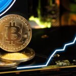 gold bitcoin with graphs rising arrow